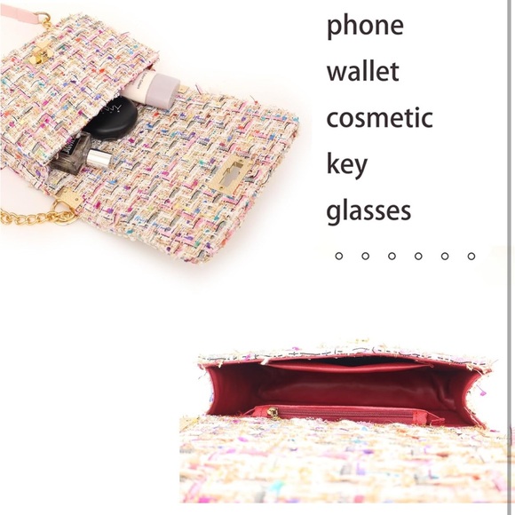 EUC Chic Multicolor Tweed Handbag with Gold Chain and Pink Trim - Picture 5 of 11